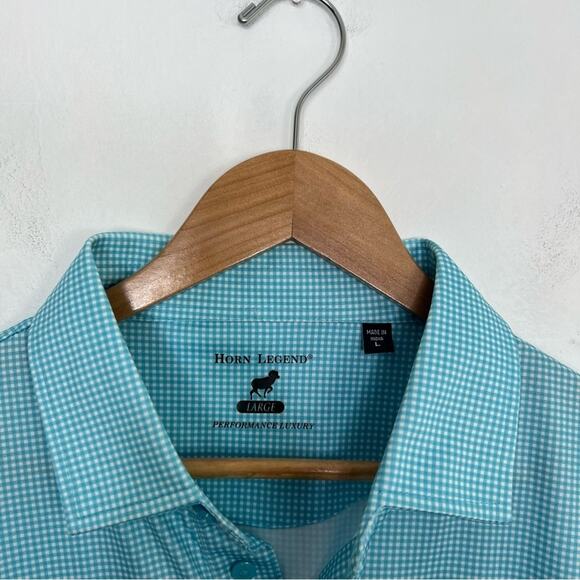 Horn Legend Performance Luxury Blue White Gingham Polo Embroidered Sleeve Shirt - Picture 3 of 11